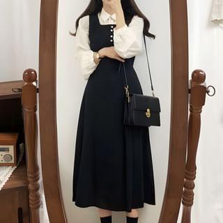 Plain Long-Sleeve Blouse / Midi A-Line Overall Dress Product Image