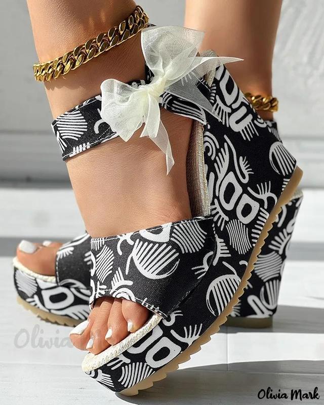 Olivia Mark – Abstract Print Bowknot Decor Platform Wedge Sandals Product Image