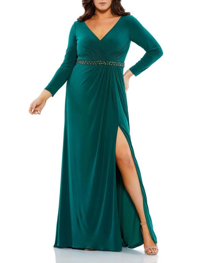 Plus Womens Beaded Long Evening Dress In Green Product Image