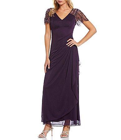 Xscape Short Beaded Sheer Flutter Sleeve Cascading Draped Waist V Product Image