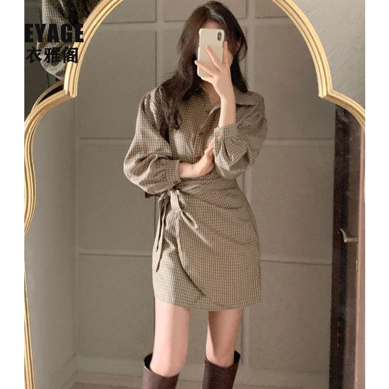 Long-Sleeve Plaid Tie-Side Button-Up Mini Shirtdress Product Image