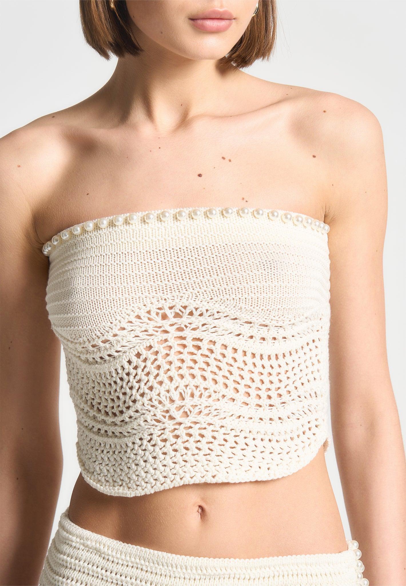 Pearl Applique Crochet Bandeau Top - Cream Female Product Image