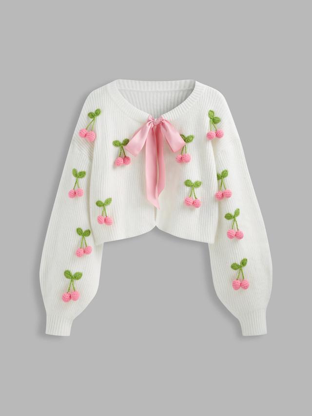 Knit Round Neckline 3D Cherry Knotted Cardigan Product Image