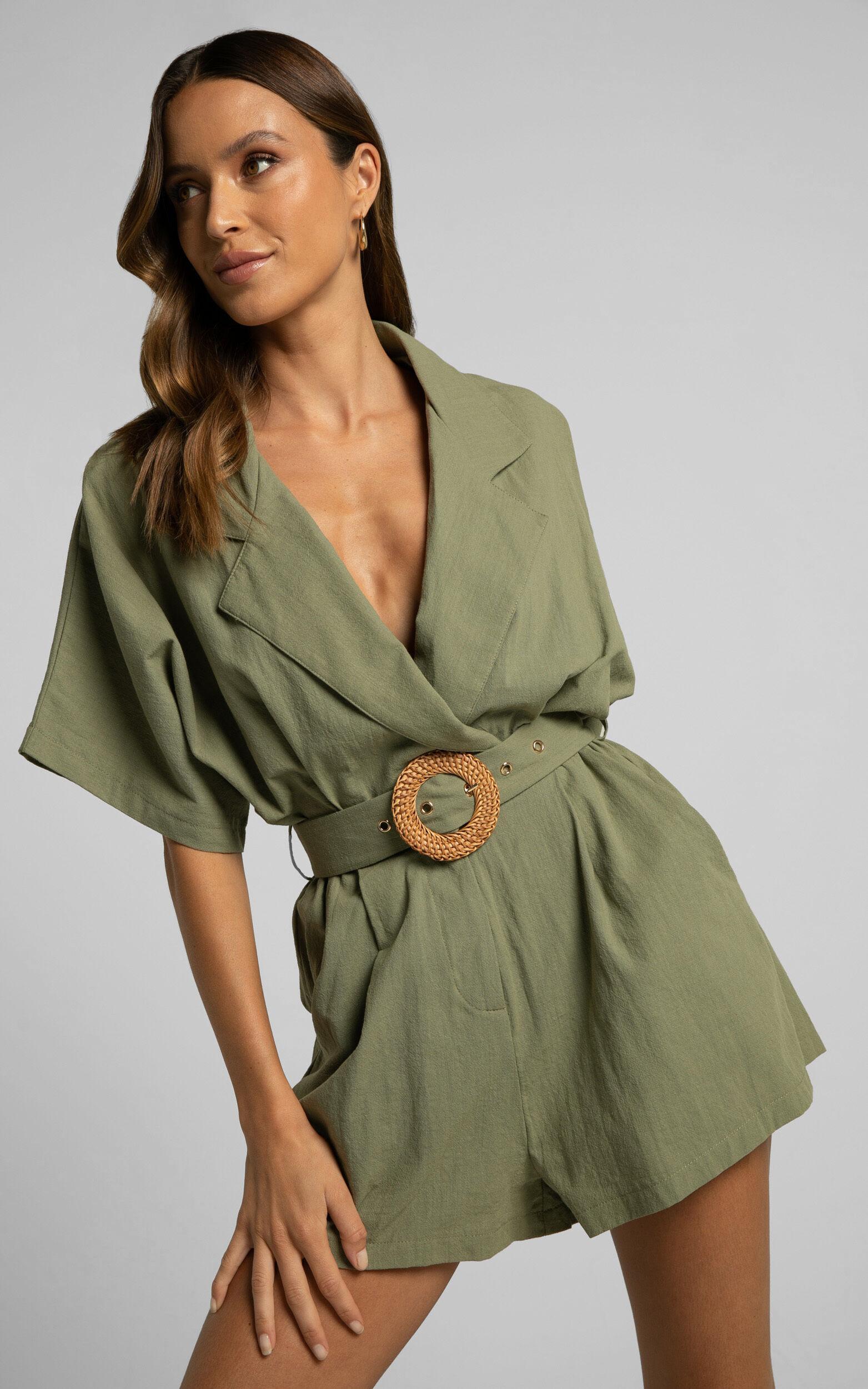 Thaisa Playsuit - Short Sleeve Collared Belted Playsuit in Khaki Product Image