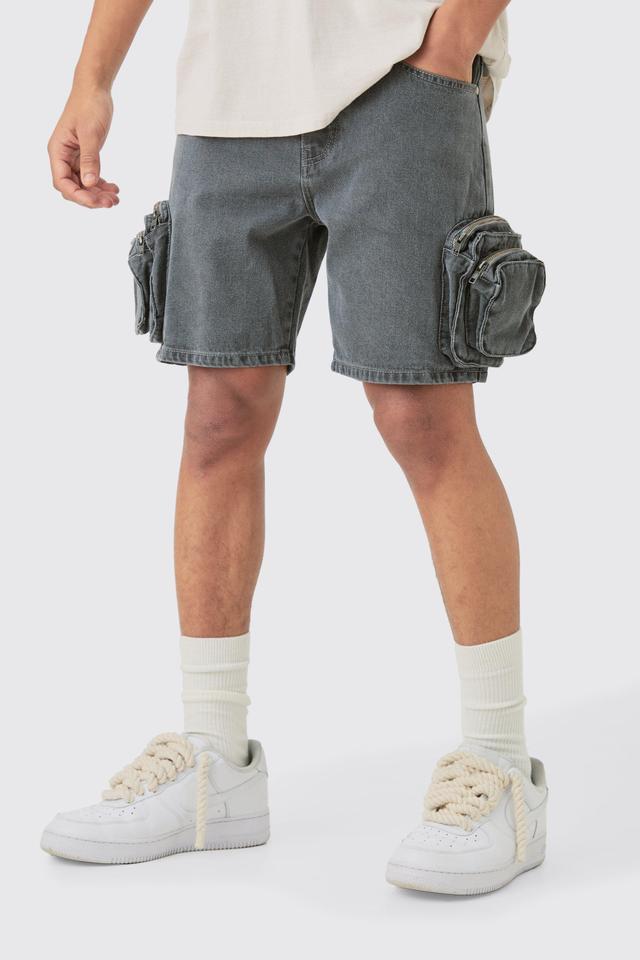 Mens Slim Fit 3d Cargo Pocket Denim Shorts In Light Grey, Grey Product Image