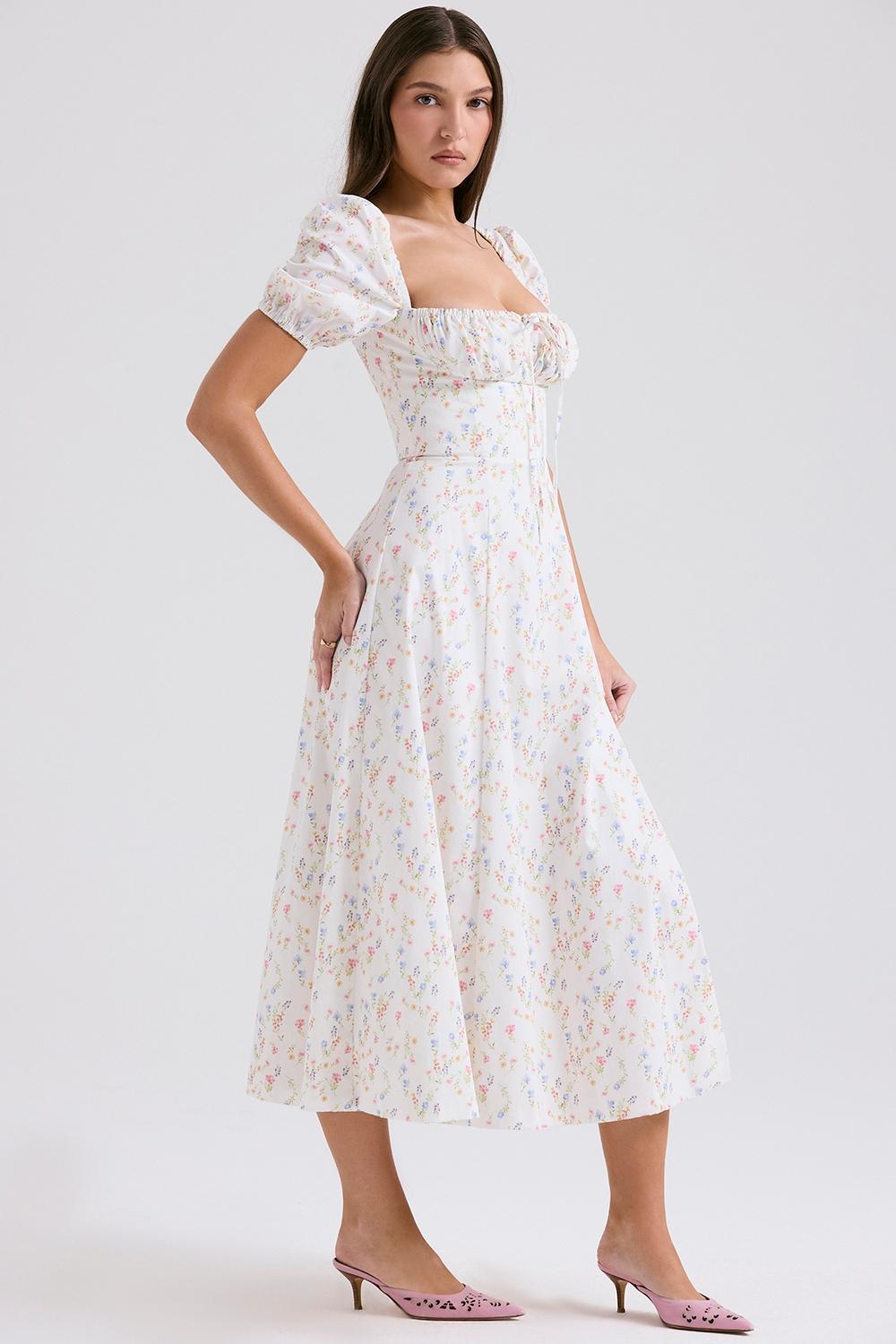 Tallulah White Posy Print Cotton Puff Sleeve Midi Sundress Product Image