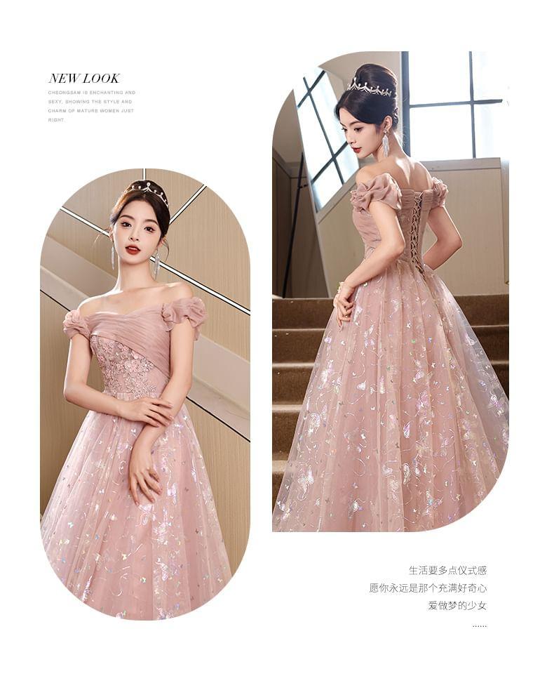 Short-Sleeve Off Shoulder Butterfly Patterned Floral Applique Ruched Mesh A-Line Evening Gown Product Image