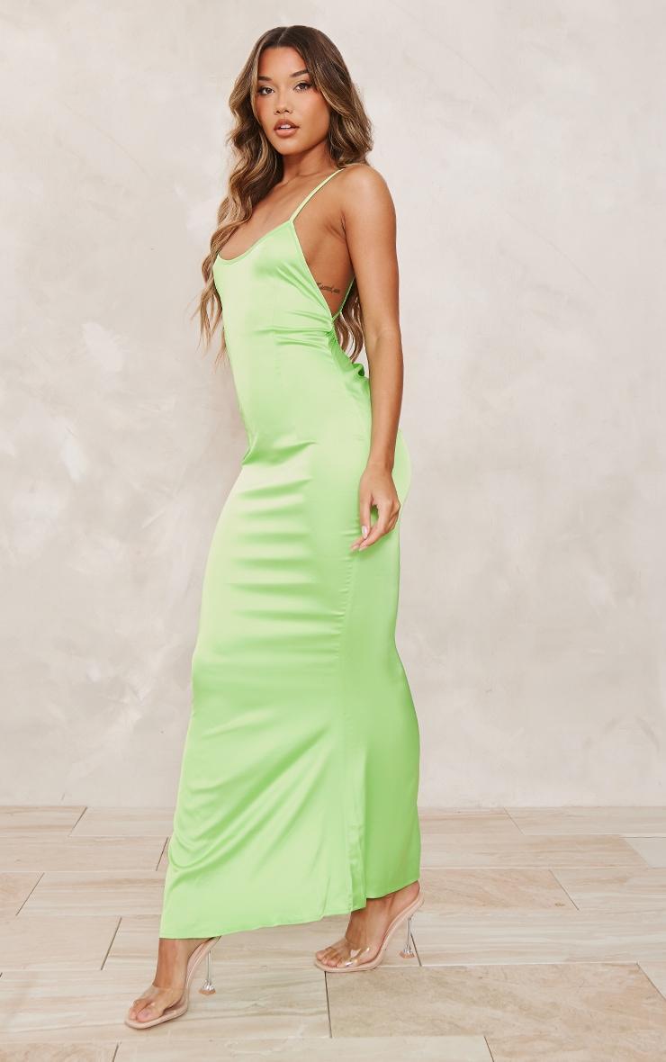 Bright Green Satin Backless Ruched Maxi Dress Product Image