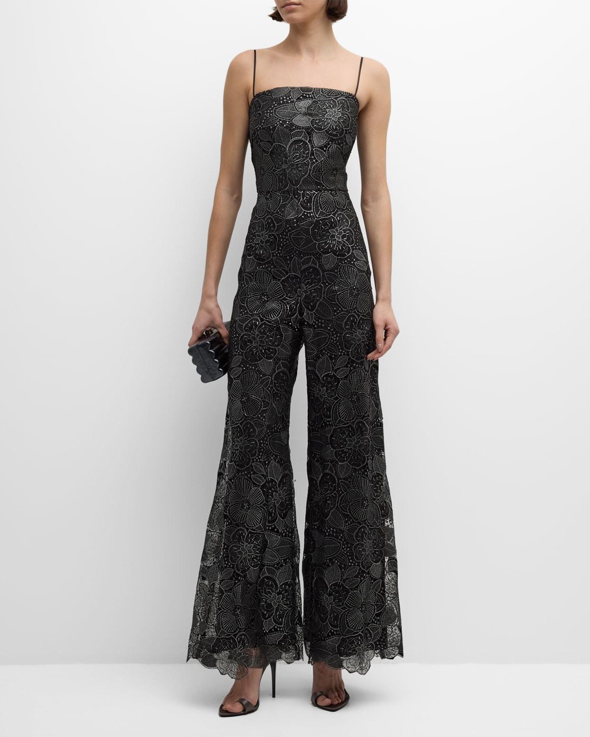 Wide-Leg Metallic Floral Lace Jumpsuit Product Image