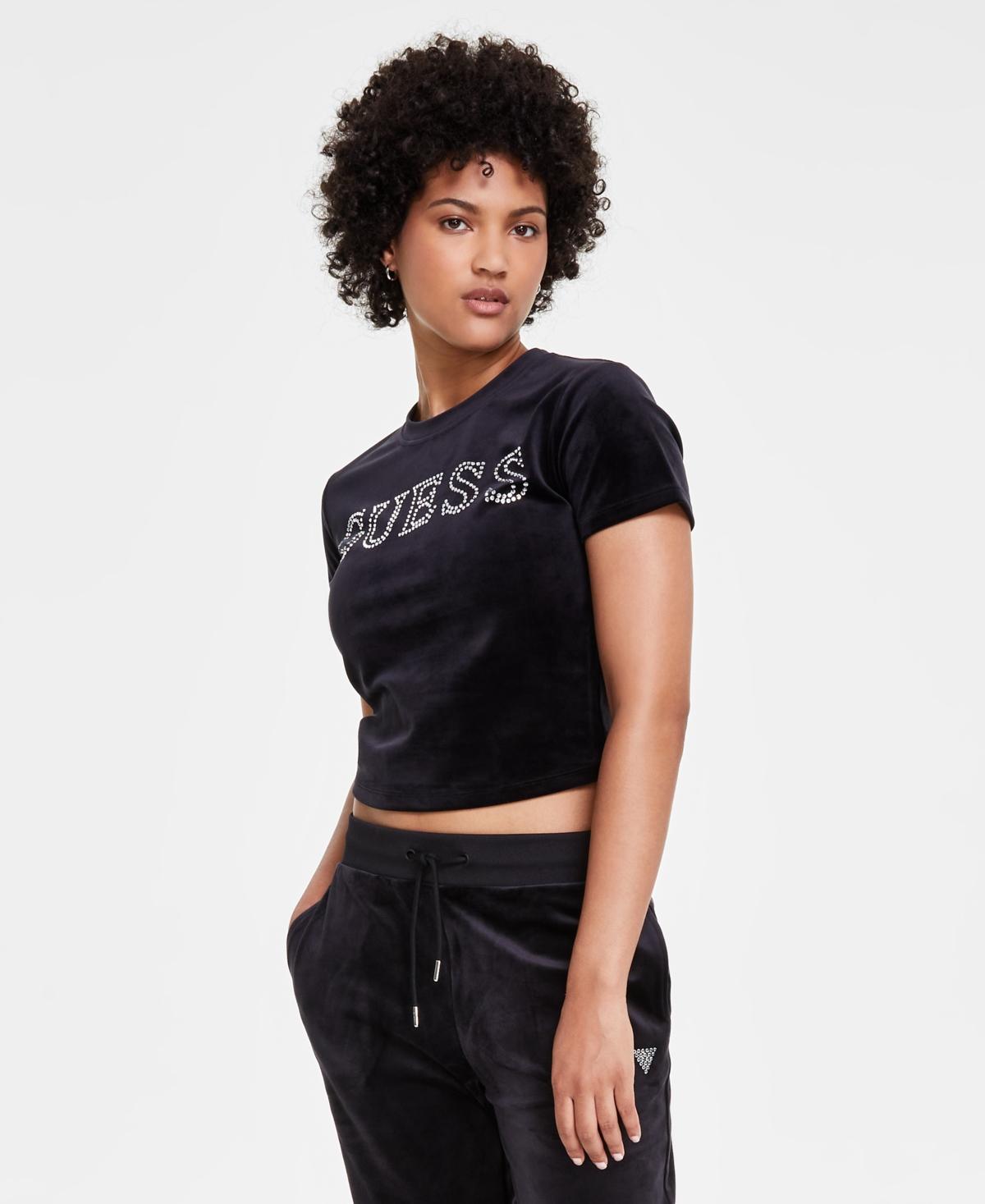 Guess Womens Couture Velvet Beaded-Logo T-Shirt Product Image