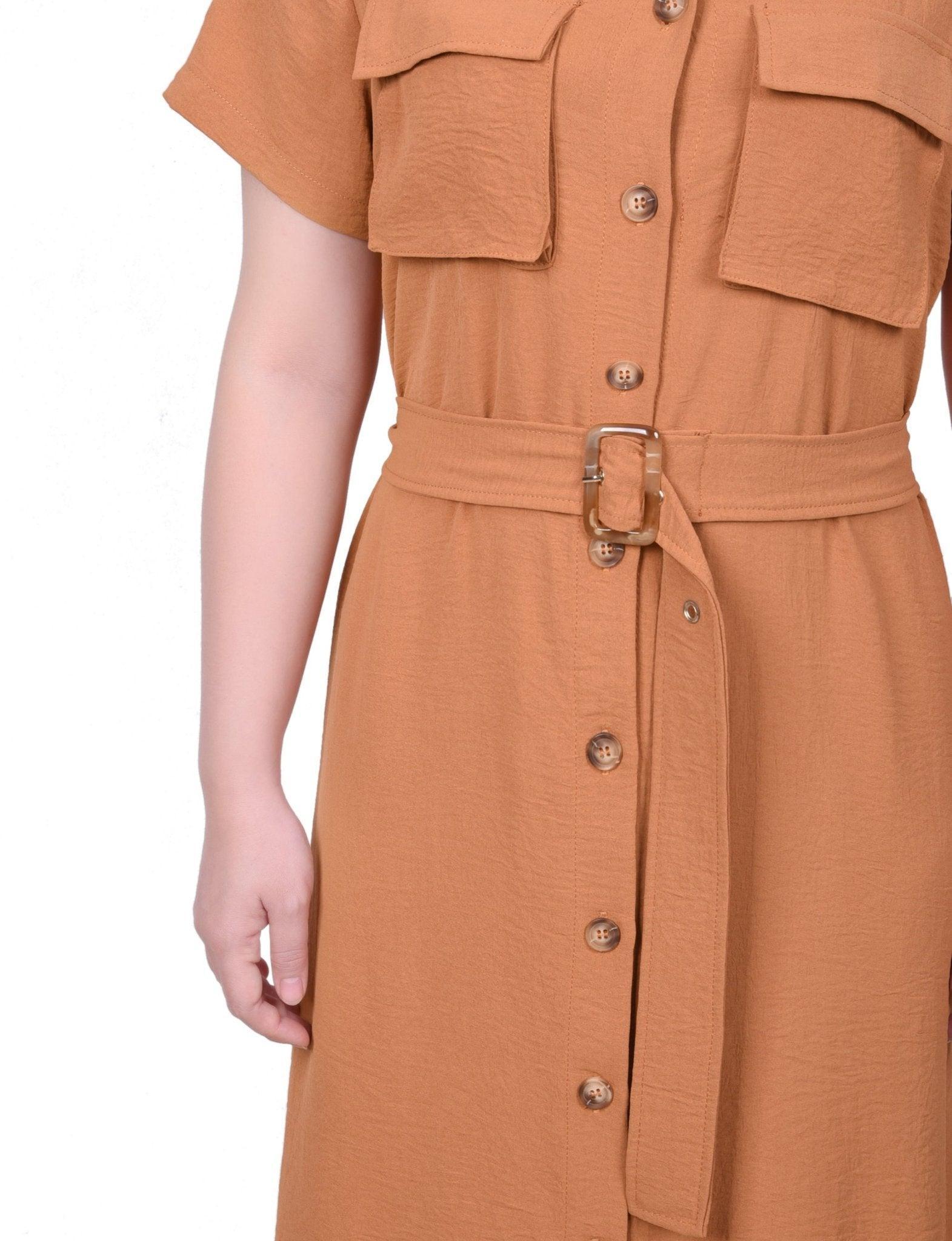 Short Sleeve Belted Shirtdress - Petite Product Image