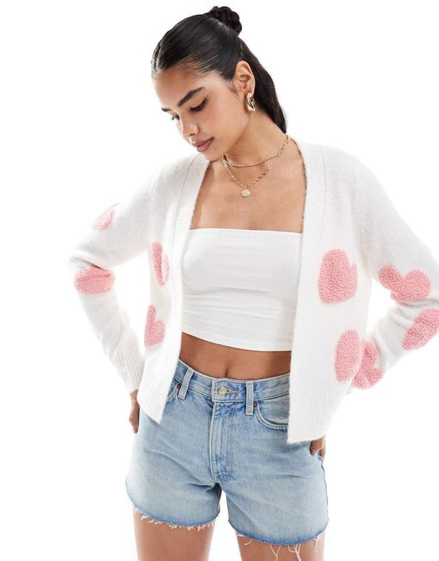 Miss Selfridge textured heart cardigan in cream with pink hearts Product Image