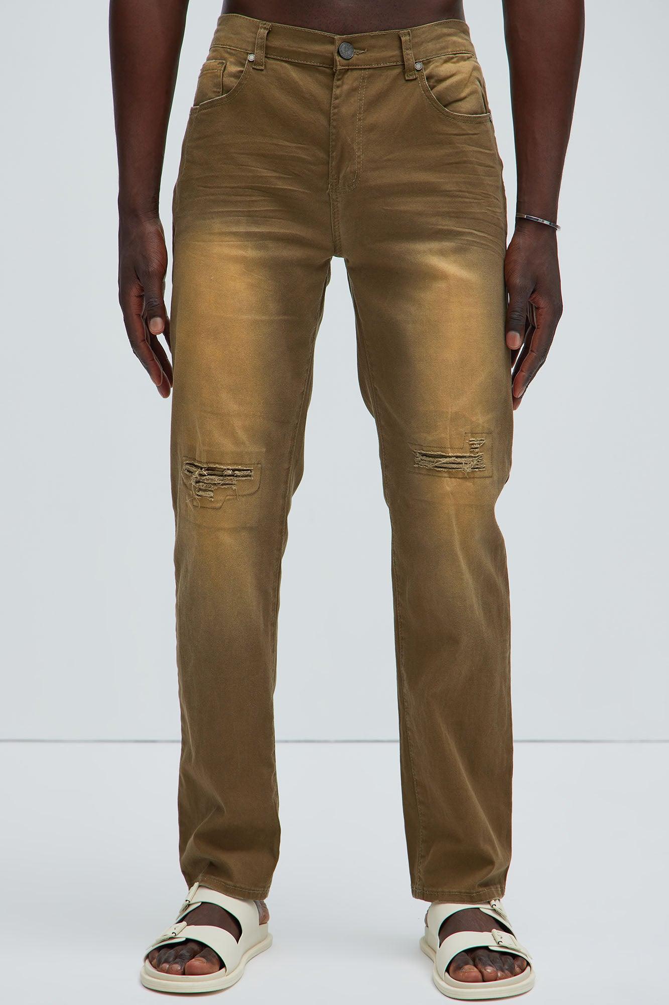 Walk Through Ripped Straight Pants - Olive Product Image