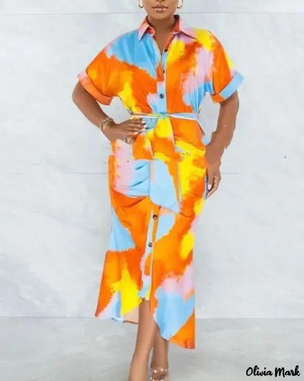 Olivia Mark – Button-front shirt dress with mermaid hem and tie-dye print Product Image