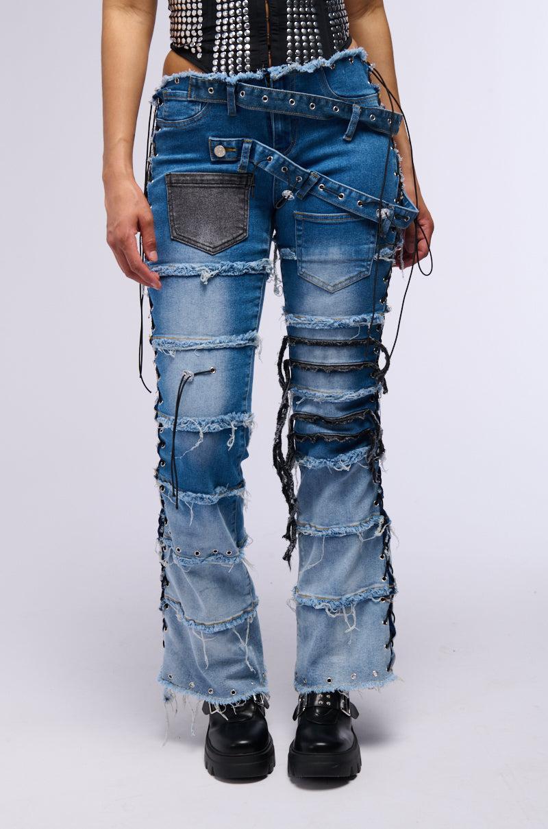 LAY LOW DISTRESSED DENIM FLARE PANT Product Image