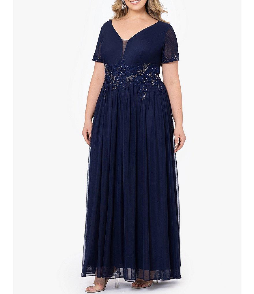 Betsy & Adam Plus Size Short Sleeve V-Neck Embroidered Chiffon Gown Product Image