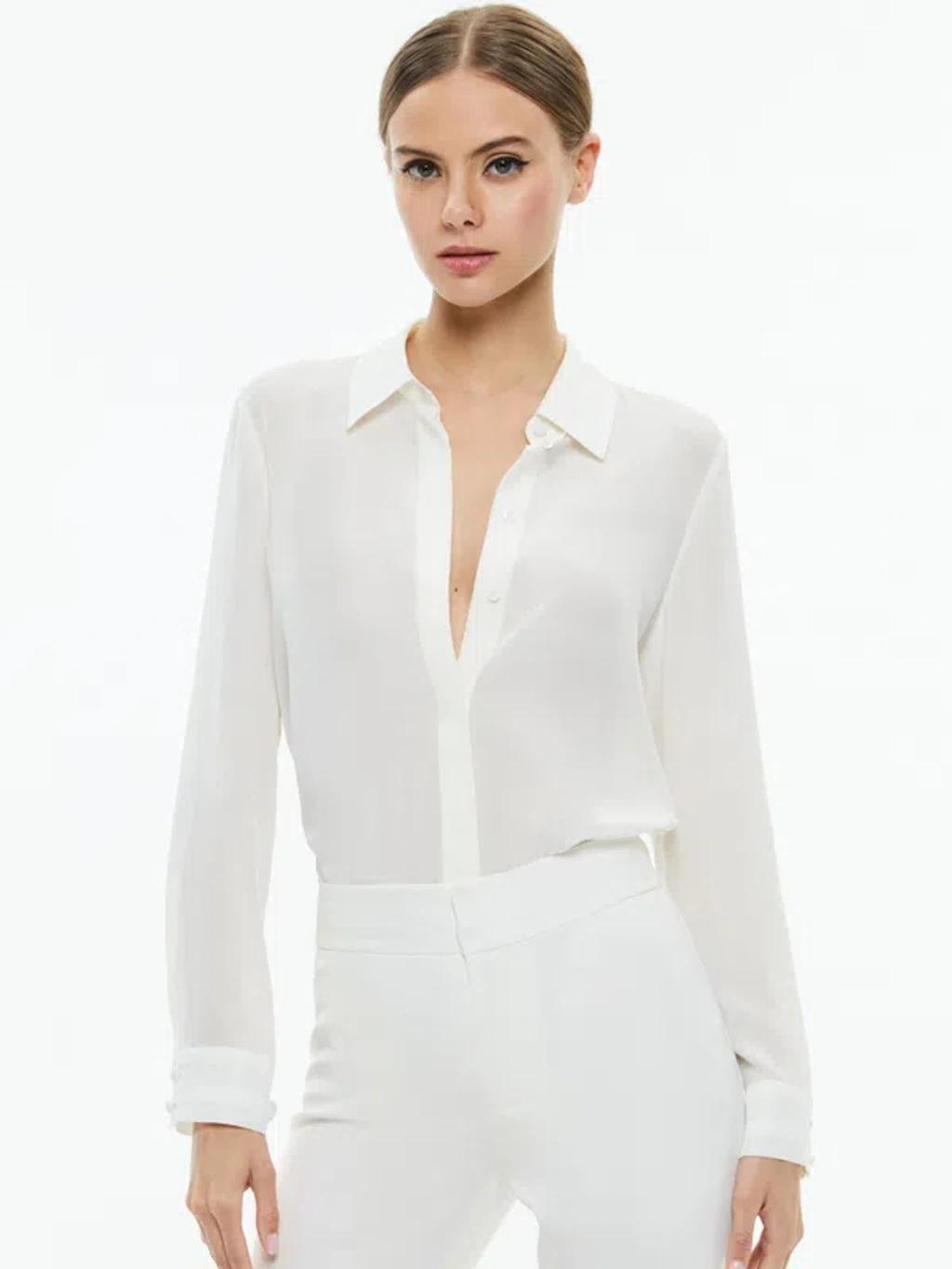 ALICE AND OLIVIA Willa Relaxed Placket Top With Piping Detail In Off White Product Image