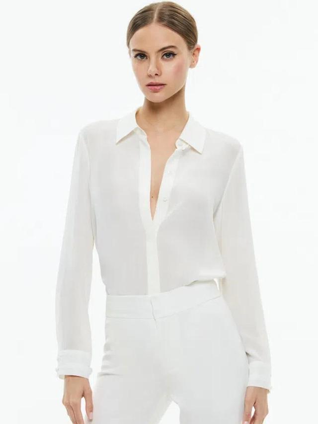 ALICE AND OLIVIA Willa Relaxed Placket Top With Piping Detail In Off White Product Image