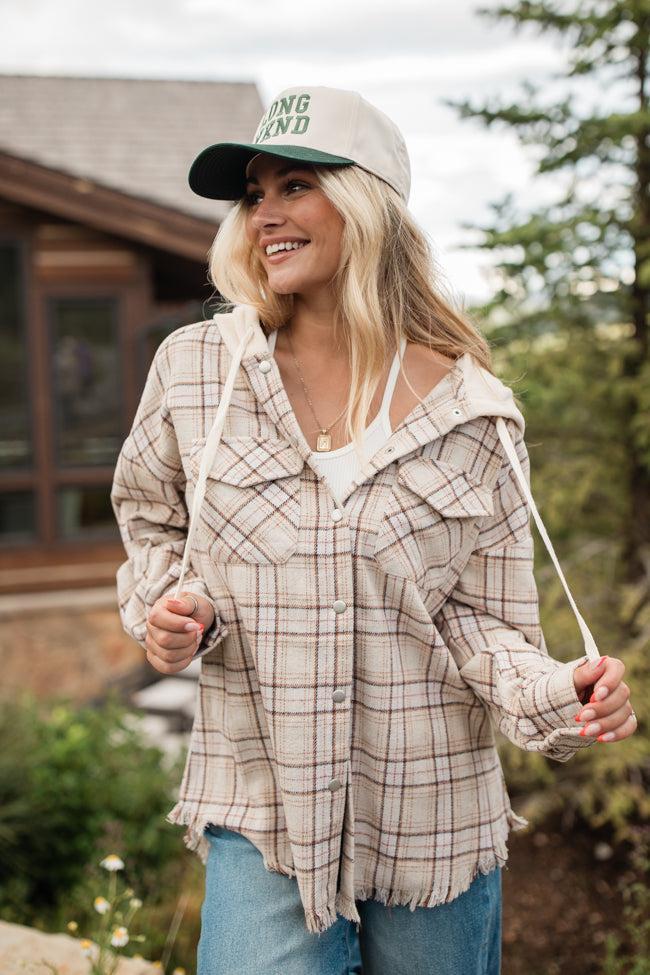 Stay For Awhile Beige Sherpa Hooded Plaid Shacket Product Image