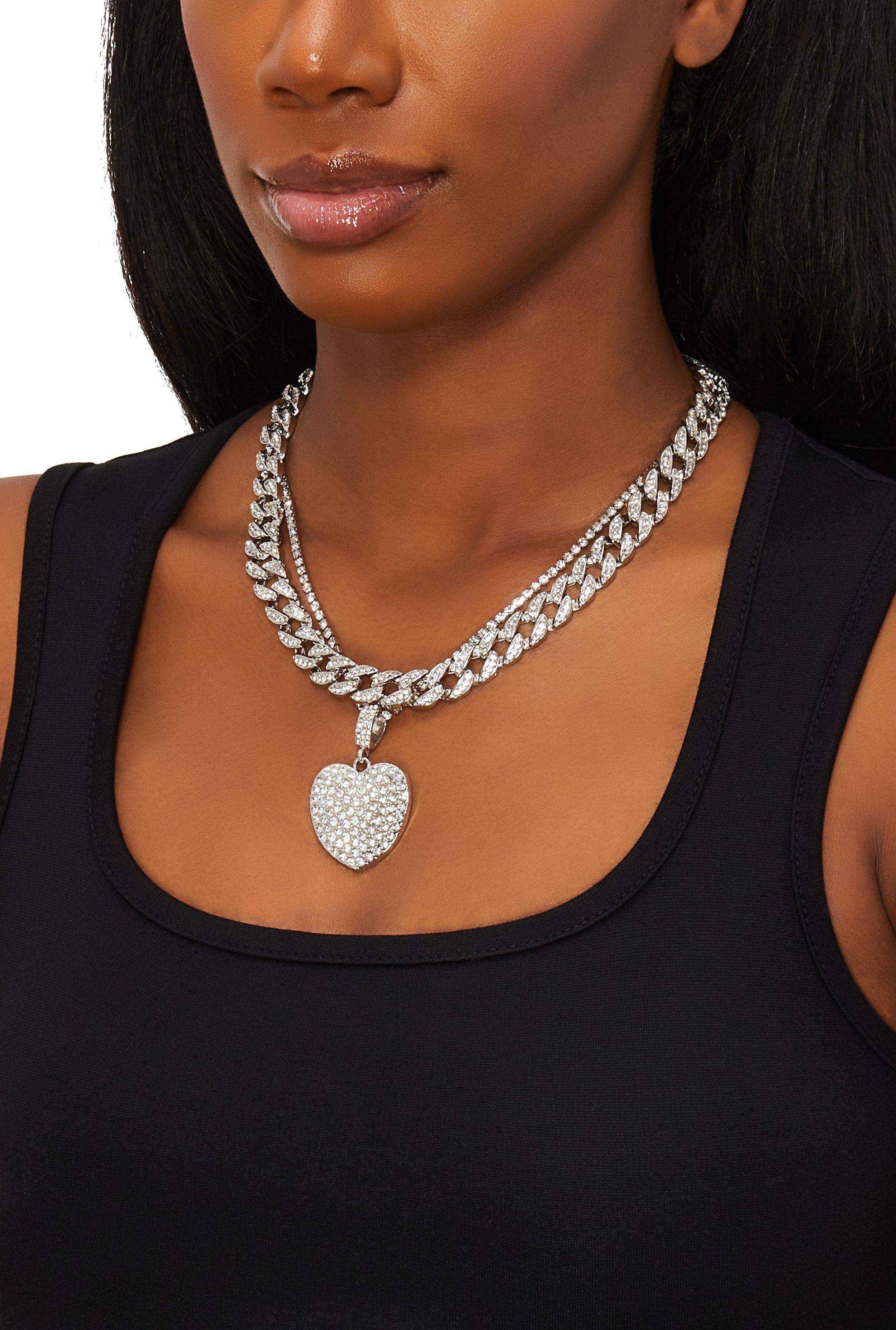 Cubic Zirconia Paved Heart Layered Necklace Female Product Image