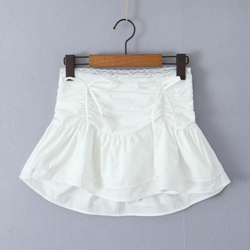 High Rise Plain Lace Trim Drawstring Layered Mini A-Line Skirt Product Image