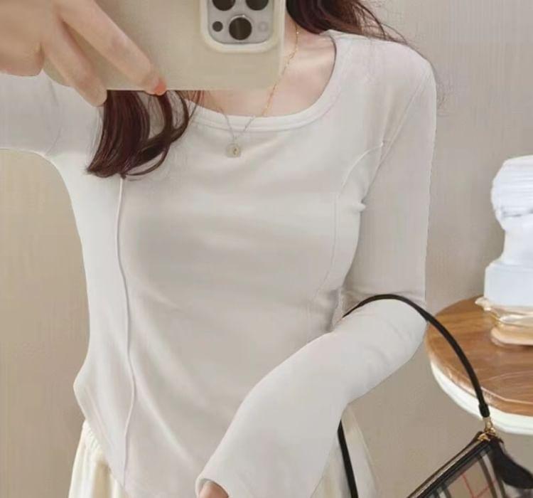 Long-Sleeve U-Neck Plain Top Product Image