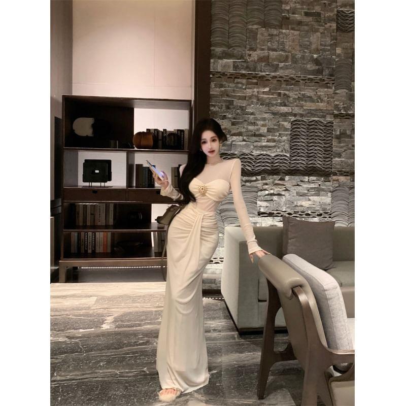 Long-Sleeve Crew Neck Plain Ruched Maxi Mermaid Dress product image