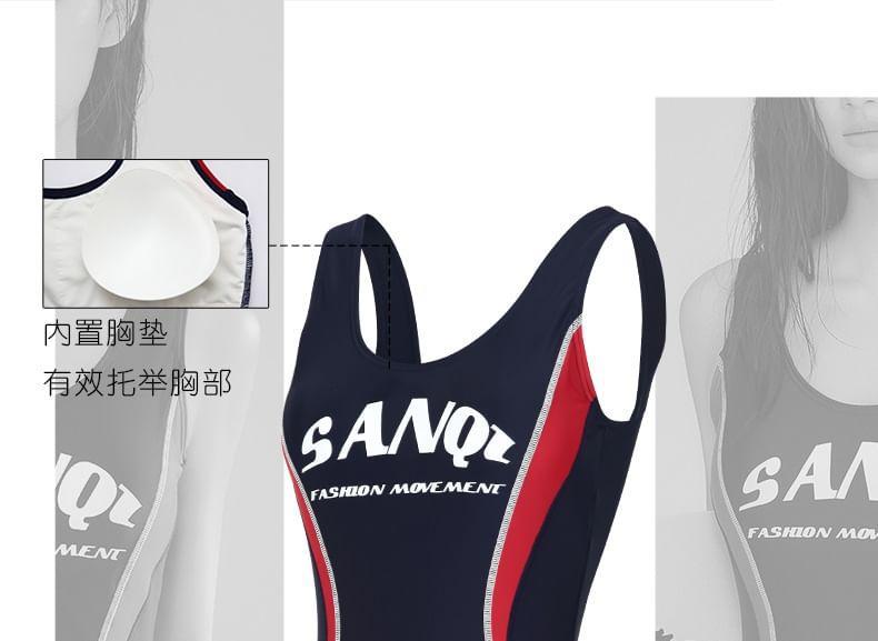 Sleeveless Lettering Color Block Swimsuit Product Image