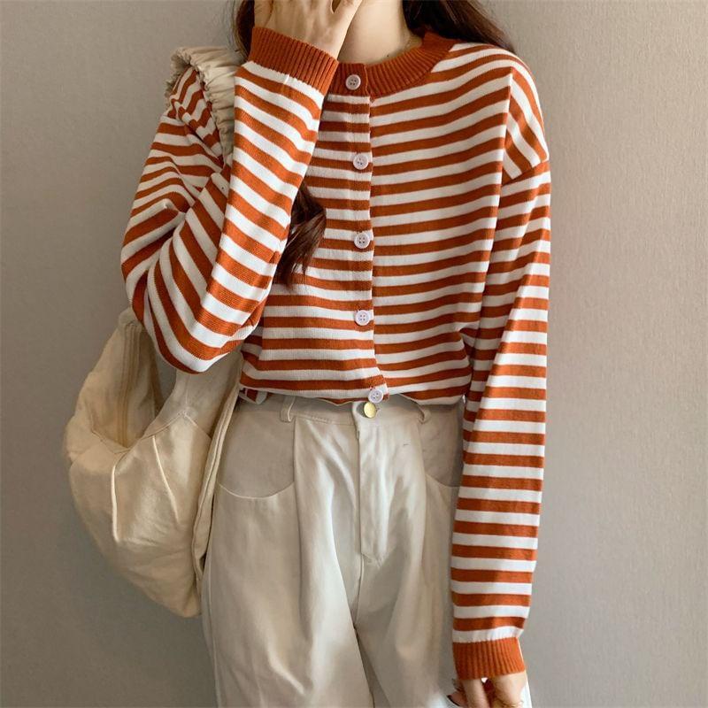 Crew Neck Striped Button Up Cardigan Product Image