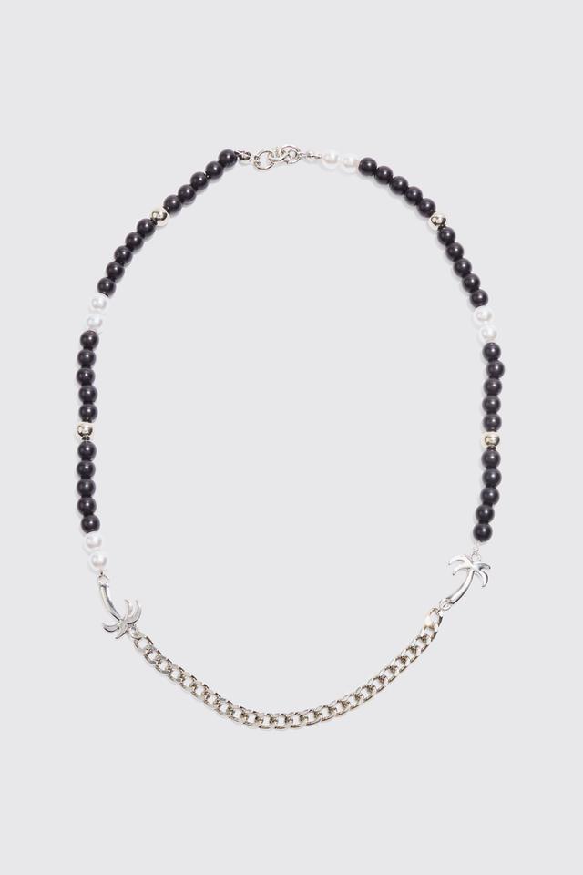 Palm Tree Charm Pearl Chain Necklace | boohooMAN USA Product Image