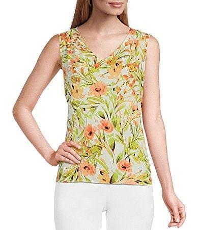 Kasper Petite Size Floral Print Sleeveless Pleated Shoulder V Product Image