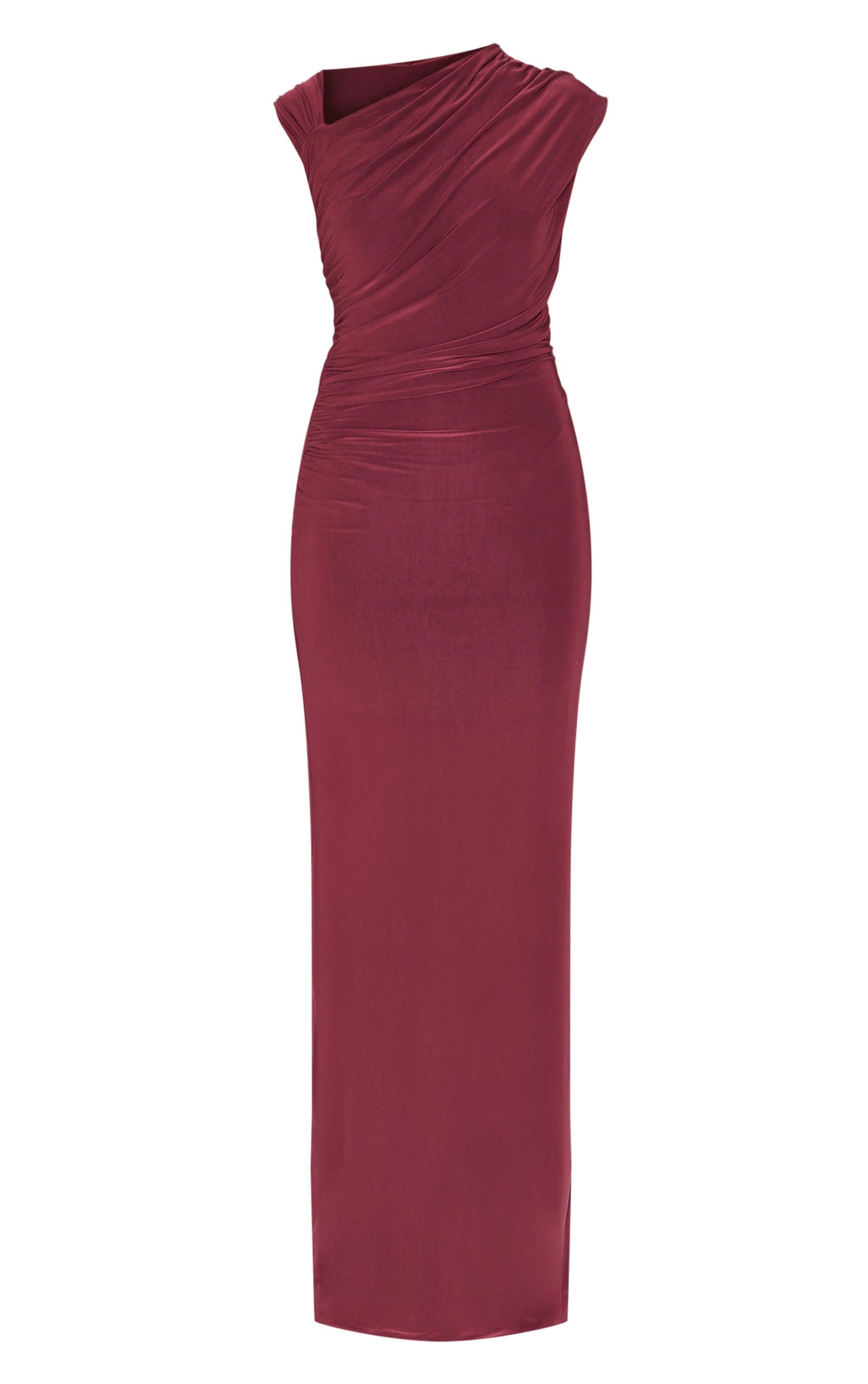 Burgundy Double Layer Slinky Ruched Maxi Dress Product Image