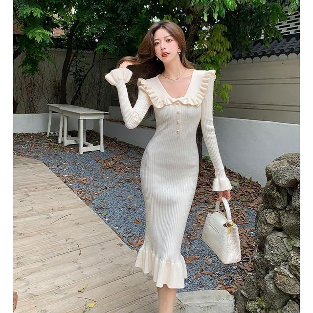 Long-Sleeve Collar Plain Ruffle Trim Ribbed Midi Sheath Knit Dress Product Image