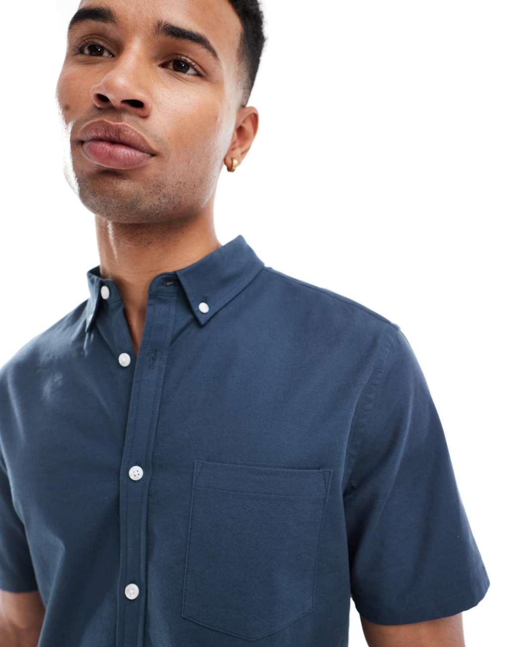 ASOS DESIGN stretch slim oxford shirt in navy Product Image