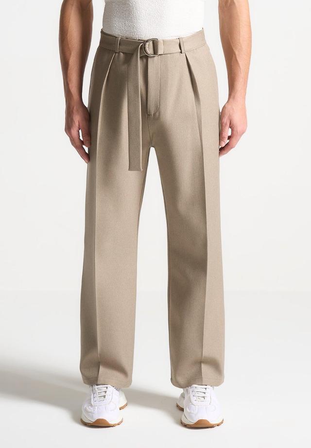 Relaxed Fit Textured Belted Tailored Trousers - Beige Male Product Image