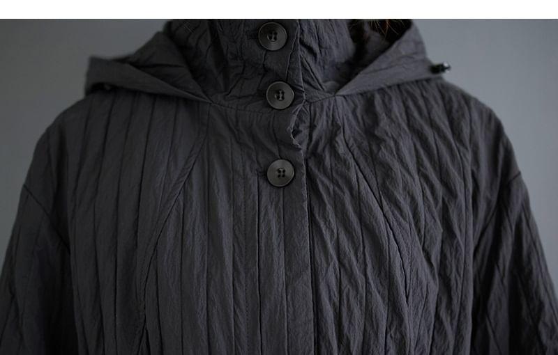 Stand Collar Plain Drawstring-Waist Hood Midi Button Trench Coat Product Image