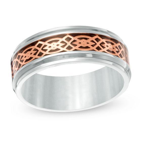 Men's 8.0mm Comfort Fit Carbon Fiber Inlay and Rose IP Celtic Pattern Wedding Band in Stainless Steel Product Image