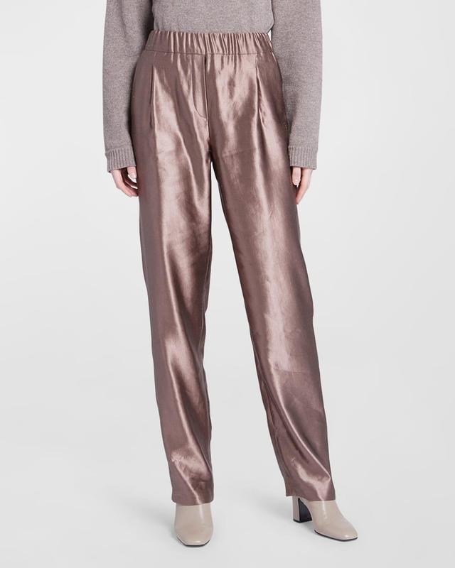 Metallic Silk Straight-Leg Pull-On Trousers Product Image