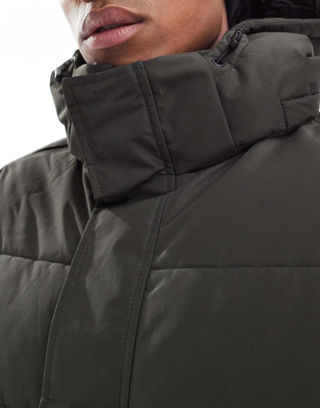 ONLY & SONS longline quilted coat with hood in dark green Product Image