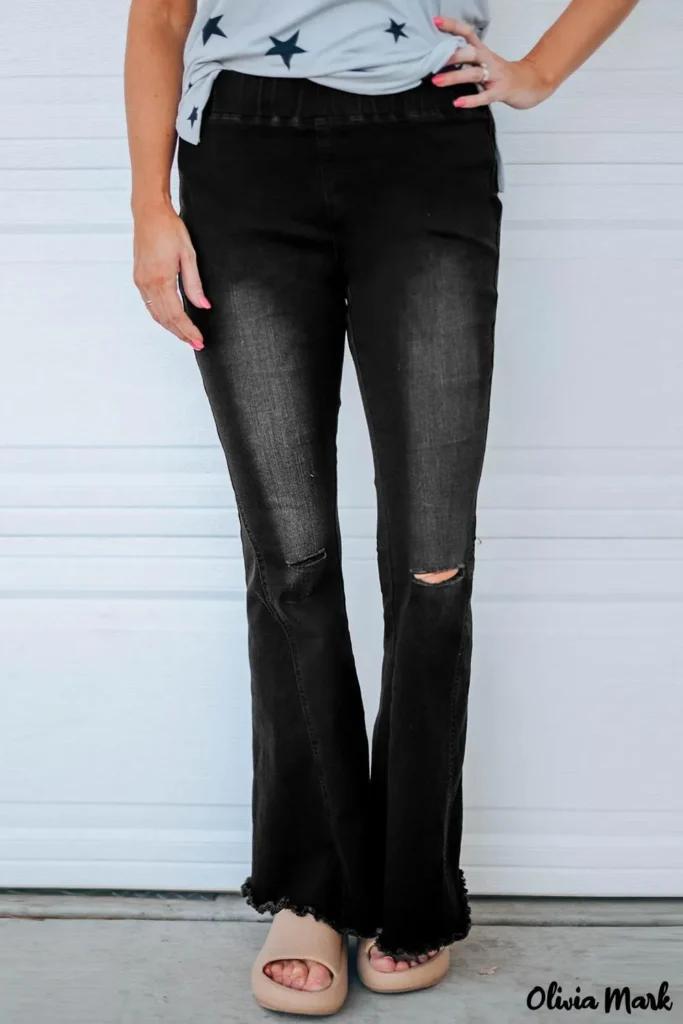 Olivia Mark – Distressed Black Bell Bottom Denim Pants Product Image