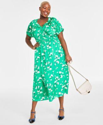 Plus Size Floral-Print Smocked Midi Dress, Created for Macy's Product Image