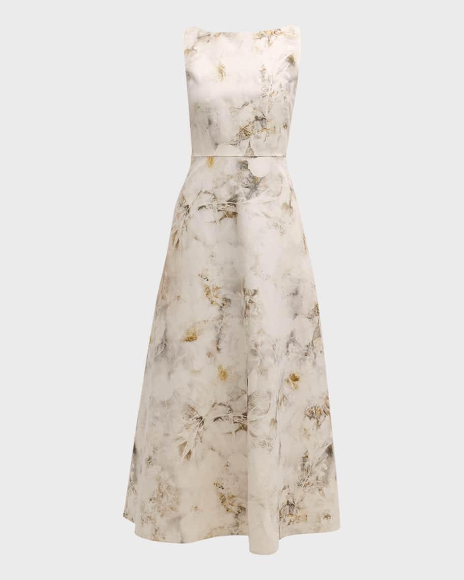 Sleeveless Leaf-Print Silk-Linen Midi Dress Product Image