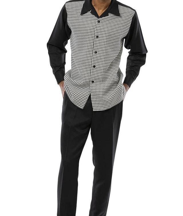 Black Mini-Checkered 2 Piece Long Sleeve Walking Suit Set Product Image