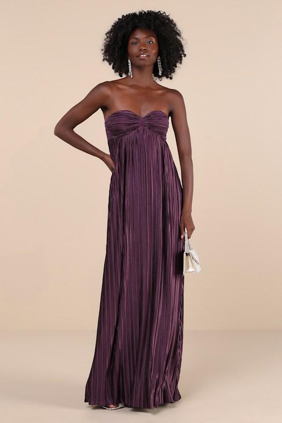 Whimsical Beauty Dark Purple Satin Plisse Strapless Maxi Dress Product Image