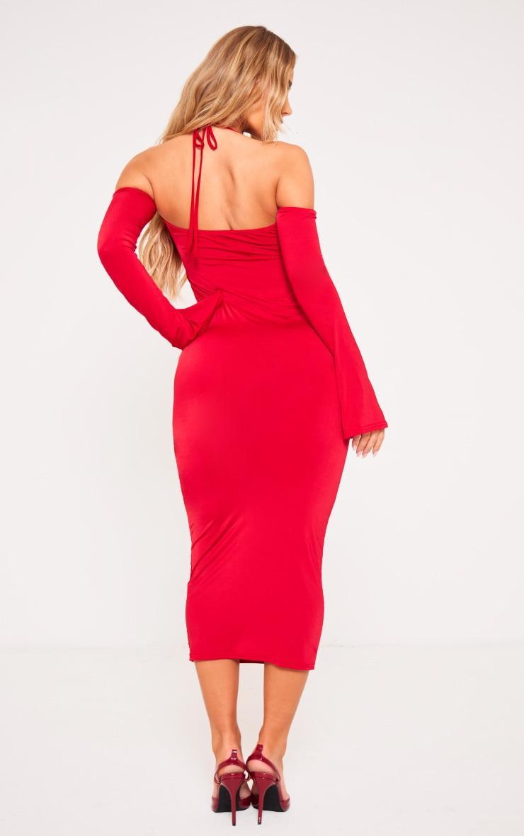 Red Slinky Bardot Tie Neck Midi Dress Product Image