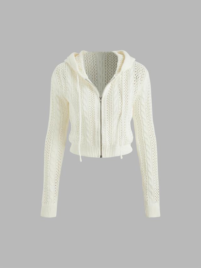 Knit Hooded Zipper Hollow Out Cardigan Product Image