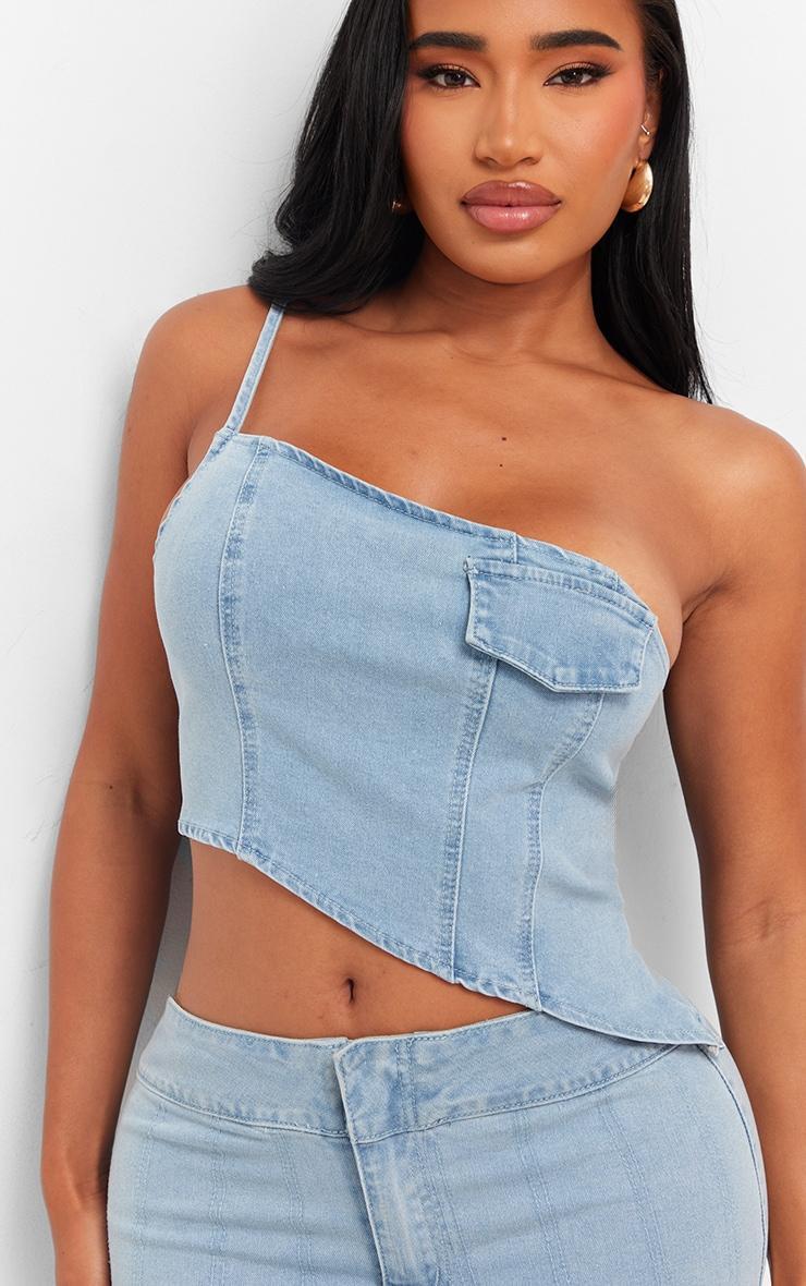 Shape Light Blue Denim One Shoulder Asymmetric Seam Detail Crop Top Product Image