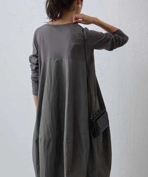 Long-Sleeve Crew Neck Plain Midi Smock Dress Product Image