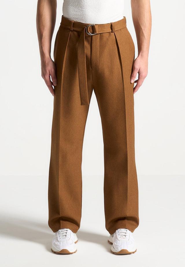 Relaxed Fit Textured Belted Tailored Trousers - Fawn Male Product Image