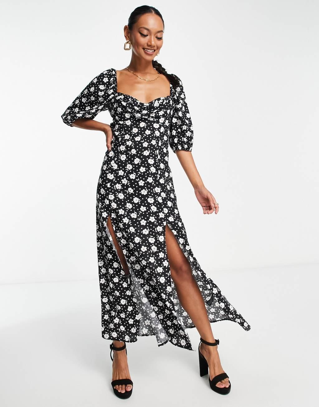 ASOS DESIGN puff sleeve ruched bust midi split dress in mono floral and heart print Product Image